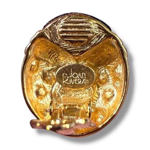 VTG Joan Rivers Earrings Womens Gold Tone Black Enamel Orange Cabochon Clip On - Picture 4 of 5
